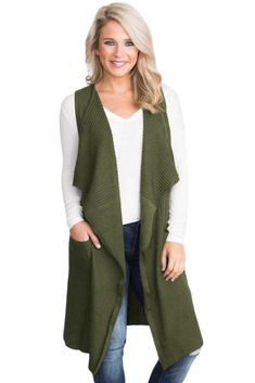 Army Green Pocket Long Cardigan Vest Patagonia Vest Outfit, Fall Dressing, Style Vert, Cardigan Sleeveless, Plain Cardigan, Long Sweater Vest, Women Long Cardigan, Long Knit Sweater, Waterfall Cardigan