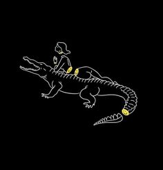 a drawing of a man riding on the back of a large alligator with yellow tags