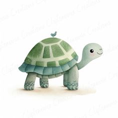 a watercolor painting of a turtle with a bird on its back