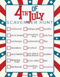 the 4th july scavener hunt is in red, white, and blue with stars