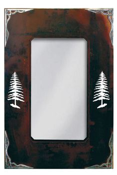 a metal frame with trees painted on the front and sides, as well as a mirror