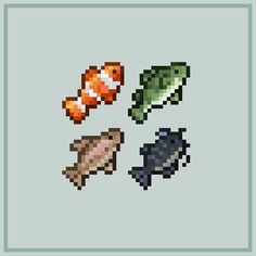 four different types of fish are shown in this pixel art style image, each with an individual's own color scheme