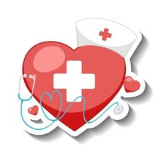 a red heart with a white cross on it, surrounded by medical equipment and hearts