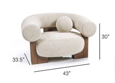 a white chair with two round cushions on it's back and measurements for the seat