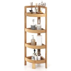 a wooden shelf filled with lots of different items