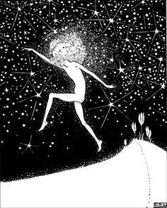 a black and white drawing of a woman flying through the air with stars in the background