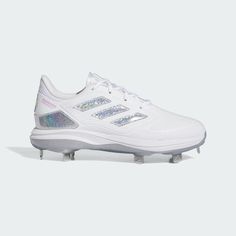 the adidas shoes are white and silver with holographics on the upper part