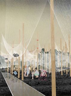 two people are sitting on the ground in front of an art installation with netting covering it