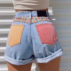 Kawaii Shorts, Striped Denim, Cute Pants, Vintage Patchwork, Painted Denim