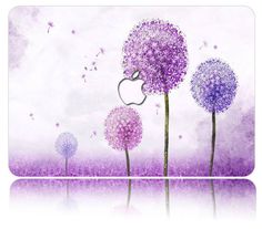 an apple computer mouse sitting on top of a purple background with dandelions in the air