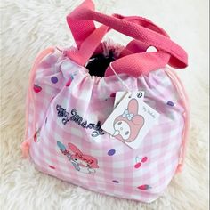 Sanrio My Melody Lunch Bag With Drawstring. - My Melody - Pink Tote With Drawstring And Handle - Insulated - Easy To Clean, Wipe With Damp Cloth - 100% Polyester - Size: 10.5”X8”X4.5” Everyday Pink Bags, Cute Pink Lunch Bag For Gift, Cute Pink Bucket Bag, Cute White Lunch Bag For School, Cute White School Lunch Bag, Cute Pink Lunch Bag For Playtime, Sanrio Accessories, Y2k Hello Kitty, Hello Kitty Purse