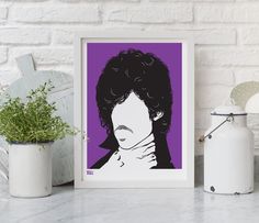 a purple and black portrait of a woman on a white background next to a potted plant