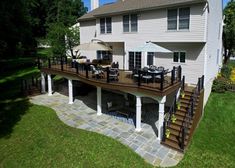 an aerial view of a deck and patio