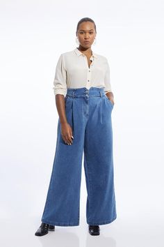 Plus Size Denim Wide Leg Pants Formal Midsize Outfits, Light Wash Cropped Leg Bottoms With Button Closure, Cropped Leg Light Wash Bottoms With Button Closure, Relaxed Fit Denim Blue Bottoms With Button Closure, Relaxed Fit Medium Wash Wide Leg Pants For Work, Light Wash Bottoms For Fall Workwear, Light Wash Tapered Leg Work Bottoms, Fall Workwear Light Wash Bottoms, Fall Light Wash Workwear Bottoms