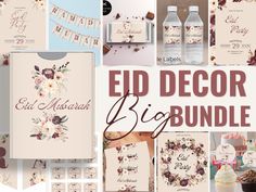 the eid decor big bundle is shown with flowers and buntings on it