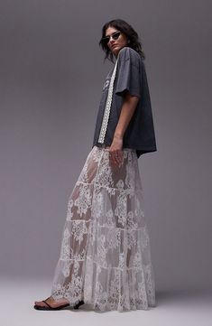 Portola Festival Outfit, Long Lace Skirt Outfit, Lace Maxi Skirt Outfit, Lace Skirt Outfit Ideas, White Lace Skirt Outfit, Sheer Skirt Outfit, Lace Skirt Outfit, Lace Maxi Skirt, Sheer Maxi Skirt