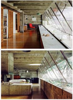 two pictures of the inside and outside of a house with wood floors, windows, and glass walls