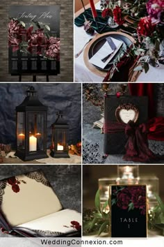 a collage of photos with candles, flowers and menus on them for a wedding