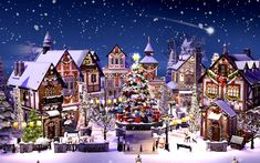 a christmas village with lots of houses and trees in the snow, decorated for holiday