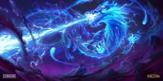 a blue dragon is in the middle of a purple sky with lightning coming out of it