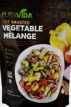 a bag of fire roasted vegetable melange next to a bowl of mushrooms and peppers