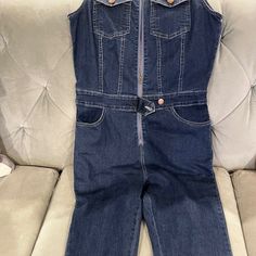 Cute! Sleeveless Jean Jumper. Fitted Sleeveless Dark Wash Denim Jumpsuit, Blue Sleeveless Denim Overalls, Sleeveless Blue Denim Overalls, Sleeveless Medium Wash Denim Jumpsuit, Sleeveless Dark Wash Denim Overalls, Trendy Sleeveless Dark Wash Denim Jumpsuit, Sleeveless Denim Overalls In Medium Wash, Sleeveless Medium Wash Denim Overalls, Jean Jumper