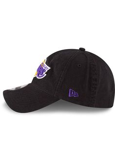 This Los Angeles Lakers Black Adjustable Hat features a front embroidered team logo on a lightly-structured cotton crown, with pre-curved visor and adjustable backstrap. Team logo embroidered on the front, Cloth Strap Closure to dial in the perfect fit, Relaxed, unstructured fit, Pre-curved bill, 100% cotton construction, New Era Flag logo on side, Dad hat, 100% Cotton, Washable, Imported Black Cotton Baseball Cap With Logo, Black Cotton Hats With Logo, Sports Cotton Hat With Logo, Cotton Sports Hat With Logo, Cotton Hat With Team Logo For Sports Events, Cotton Sports Hat With Team Logo, Cotton Sports Hat With Logo Patch, Cotton Sports Hat With Embroidered Logo, Team-colored Cotton Hat With Embroidered Logo