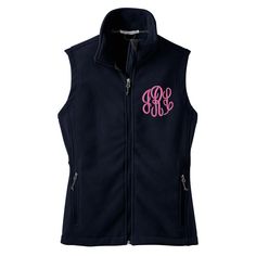 Shop Monogrammed Fleece Vests. Perfect for layering under a coat or throwing over a tshirt for the perfect look this fall. Makes a great gift or buy for yourself. Too cute and too practical not to have this season!Fleece vest comes with your monogram embroidered on the left chest. You choose the color of vest as well as the embroidery color.DESCRIPTION13.8-ounce, 100% polyesterGently contoured silhouetteTwill-taped neckReverse coil zipperChin guardBungee cord zipper pullsTricot-lined armholesFro Monogram Vest, National Charity League, Sorority Letters, Marley Lilly, Greek Clothing, Fleece Vest, Womens Fleece, Too Cute, Zip Ups