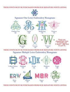 If you are purchasing a listing and choose a signature font - this link must be purchased in order for us to proceed with your order. Machine Embroidery Basics, Needlepoint Monogram, Embroidery Basics, Monogram Towels, Signature Fonts, Monogram Styles, Savannah Ga