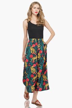 Jaguar Paradise Wide Leg Pants are wide-legged with a vibrant, tropical print. Pair the smocked waist with a simple tank top, and you can hit the town in comfort and style! Boho Wide Leg Pants, Embroidered Shoulder Bag, Simple Tank Tops, Free Spirited Woman, Jungle Green, Wide Trousers, Silk Cami, Black Stilettos, Printed Trousers