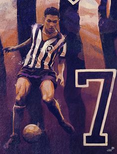 a painting of a man kicking a soccer ball in front of two other men and one has the number seven on it