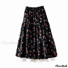 Olivia Mark - Lace Floral Print Corduroy Midi Skirt with Tiered Silhouette Velvet Skater Skirt, Corduroy Midi Skirt, Long Flowy Dress, Velvet Midi Skirt, Floral Print Midi Skirt, Flowy Design, Flower Skirt, Printed Midi Skirt, Skirt Midi