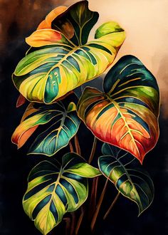 Tropical Painting Ideas, Abstract Plants, Leaves Painting, Tropical Art Print, Tropical Painting, Hur Man Målar, Plant Painting, Tropical Art, Flower Art Painting