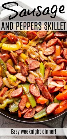 sausage and peppers skillet with text overlay