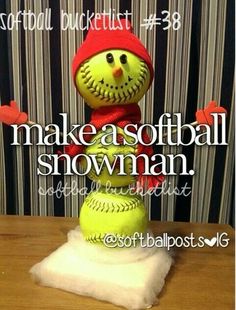 a snowman made out of a baseball on top of a wooden table with the words, make a softball snowman