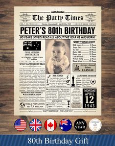 an old newspaper birthday gift with the words peter's 80th birthday on it