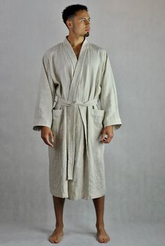 "This is our no. 110 of Conscious Clothing Concept This very comfortable and beautifully made robe is made of pure 100% European quality linen. This unisex piece of natural loungewear can be worn around the house, hotel or spa. Perfect for home and the beach. It is the ultimate fabric for hot weather as it breathes and absorbs moisture better that any fabric on earth. This robe comes in 2 sizes, smaller and bigger. SMALLER (S/M\\L women, S/M men): length: 118cm (46,5\") back with when flat: 57cm Mens Robes, Spa Robes, Spa Outfit, Conscious Clothing, Male Kimono, Loungewear Fashion, House Coat, Men's Robes, Mens Linen