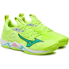 the mizuma tennis shoe in neon yellow and blue is on sale for $ 99