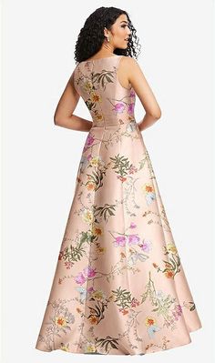 Boned Corset Closed-back Floral Satin Bridesmaid Dress With Full Skirt In Butterfly Botanica Pink Sand | The Dessy Group Spring A-line Gown With Lined Bodice, Spring Silk A-line Gown, Floral Print Prom Gown For Spring, Spring Sleeveless Satin Gown, Spring Floral Print Prom Gown, Spring Garden Party A-line Gown, Spring A-line Gown With Fitted Bodice, Spring Ball Gown With Pleated Bodice, Spring Gala Gown With Floral Print