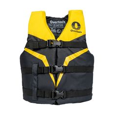 a life jacket with yellow and black details on the chest, attached to a white background