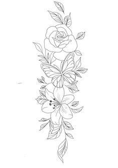 a line drawing of flowers with leaves on the bottom and one flower in the middle