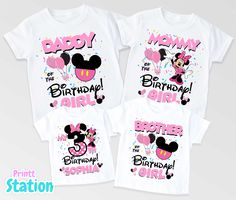 three shirts with minnie and mickey mouse on them, one is for the birthday girl