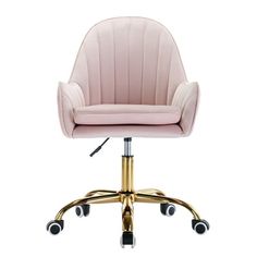 a pink office chair with gold wheels on an isolated white background for use in interior and exterior design