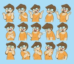 a man with glasses making various gestures and facial expressions in different positions, including the fingers pointing at his face