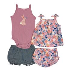 Stock Up On Four Adorable Pieces, Perfect For Mixing And Matching Or To Be Worn Together For A Ready-To-Go Outfit. Purple Cotton Sets For Summer, Cute Purple Spring Sets, Purple Summer Playwear Sets, Purple Playwear Sets For Summer, Summer Purple Playwear Sets, Pink Sleeveless Cotton Sets, Cotton Sleeveless Playtime Sets, Sleeveless Cotton Playtime Sets, Playful Sleeveless Cotton Sets