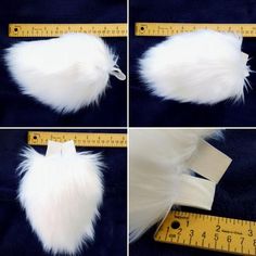 four pictures show how to make a white fur ball with a measuring tape on it