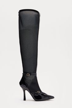 Available In Black/Black. Knee High Heeled Boots Buckle Detail Pointed Toe 4.25" Ultra High Heel Imported | Jules Mesh Knee High Boots in Black/Black size 7 by Fashion Nova Black Wide Calf High Heel Knee-high Boots, Fitted Ankle Strap Heeled Boots For Formal Occasions, Formal Heeled Boots With Ankle Strap, Formal Fitted Heeled Boots With Ankle Strap, Black Knee-high Boots With High Heel And Medium Width, Black Knee-high High Heel Boots, Black Knee-high Boots With High Heel, Tall Black Knee-high Boots With High Heel, Black Knee-high High-heel Boots