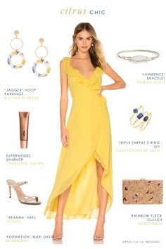 a woman in a yellow dress and accessories for her wedding day, with the words citrus chic on it