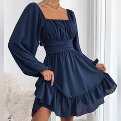 Never Worn, It’s New Such A Cute Stylish Trendy Dress Size S (4) Some Pictures Color Makes It Look Super Light Cuz Of Sunlight Color Is Navy Blue Lantern Sleeve Dress, Shein Dress, Grad Dresses, Ruffle Hem Dress, Hoco Dresses, Dresses For Teens, Lantern Sleeve, Outfit Casual, Fancy Dresses