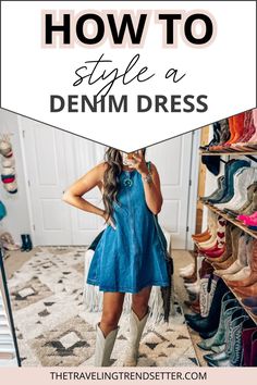 Step up your Women's Fashion game with chic denim Dress styling ideas! This guide shares Women's Style tips to make your denim Dress work year-round. From layering for warmth to adding seasonal accessories, see how you can reinvent this staple piece for stylish, comfortable, and versatile looks. Denim Dress Styling, Dress Western Boots, Style A Denim Dress, Denim Dress Outfit Fall, Dress Styling Ideas, Western Outfits Women Dresses, Women's Style Tips